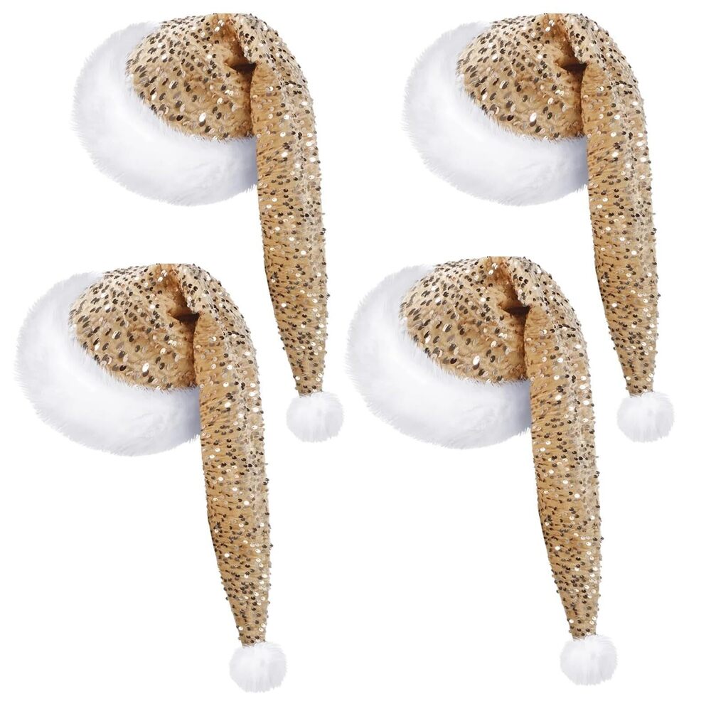 8539 4 Pcs Santa Hats Shiny Sequin Christmas Hat with Plush Brim Thicken